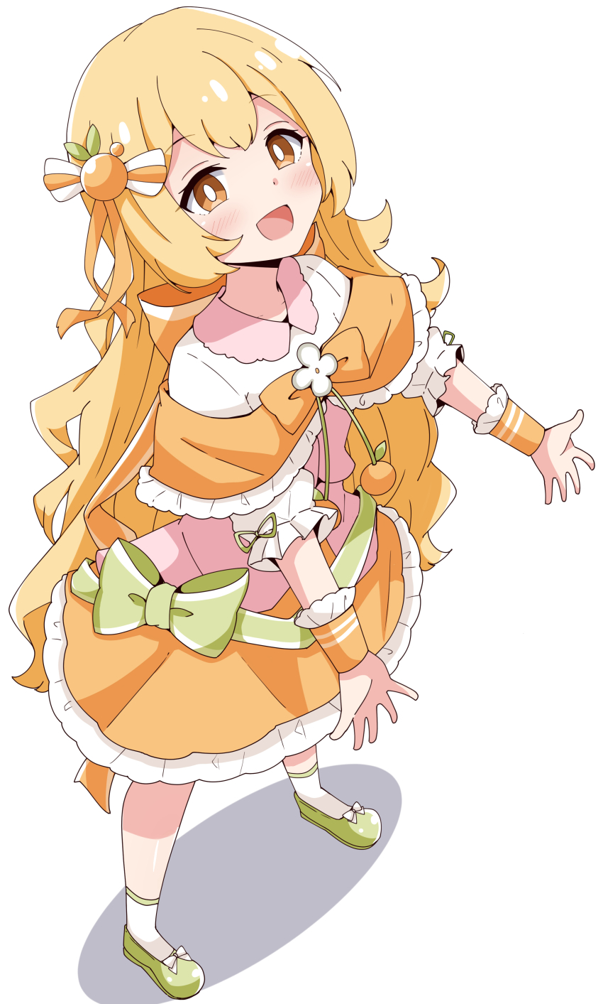 1girl :d absurdres aikawa_ryou blonde_hair blush brown_eyes capelet collared_shirt commission frilled_capelet frilled_skirt frills full_body green_shoes highres long_hair looking_at_viewer open_mouth orange_capelet orange_shirt original pixiv_commission puffy_short_sleeves puffy_sleeves shirt shoes short_sleeves simple_background skirt smile socks solo standing very_long_hair white_background white_shirt white_socks wrist_cuffs