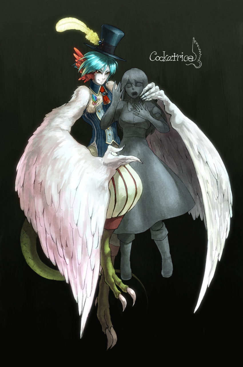 1boy absurdres blue_hair boots cockatrice colored_skin dress feathered_wings feathers food_fighter_441 hat highres long_hair monster_boy necktie open_mouth original petrification statue tail white_skin wing_ears wings yellow_eyes