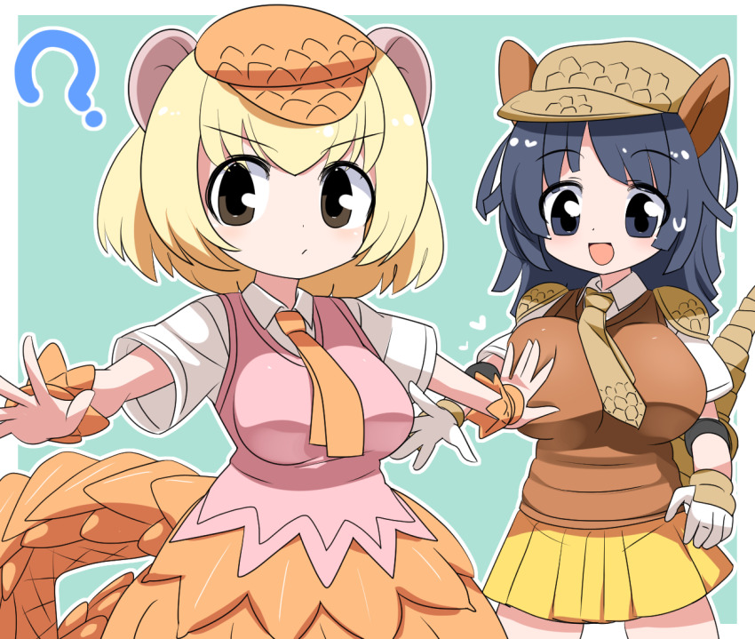 2girls ? armadillo_ears armadillo_tail black_eyes black_hair blonde_hair blue_background blush breast_poke breasts brown_hat brown_necktie brown_vest closed_mouth collared_shirt commentary_request cowboy_shot giant_armadillo_(kemono_friends) giant_pangolin_(kemono_friends) hat kemono_friends large_breasts lets0020 looking_at_viewer medium_hair multiple_girls necktie open_mouth outstretched_arms pink_vest poking shirt short_hair short_sleeves skirt smile spread_arms two-tone_background vest white_shirt yellow_skirt