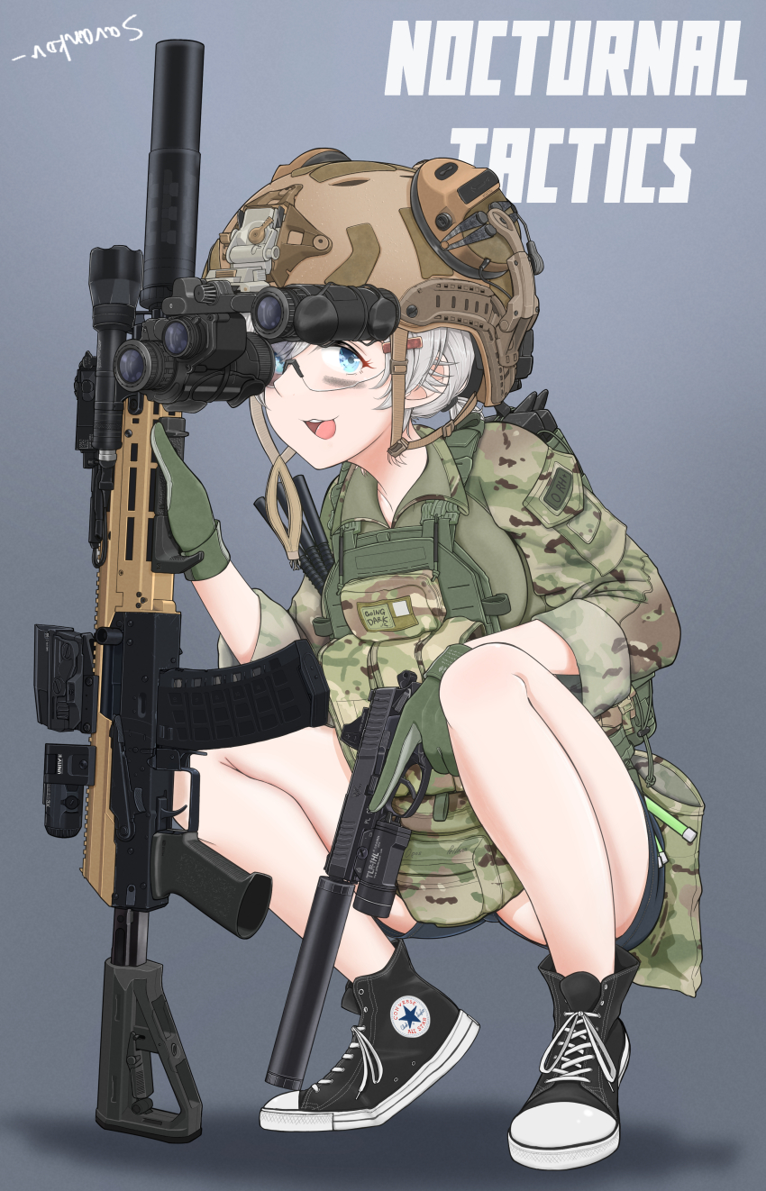 1girl absurdres ak-105 assault_rifle blonde_hair blue_eyes camouflage camouflage_shirt collared_shirt combat_helmet english_text eotech flashlight gloves green_gloves gun handgun helmet highres load_bearing_vest night_vision_device original planted_gun rifle safety_glasses savankov shirt shoes shorts signature solo squatting suppressor weapon