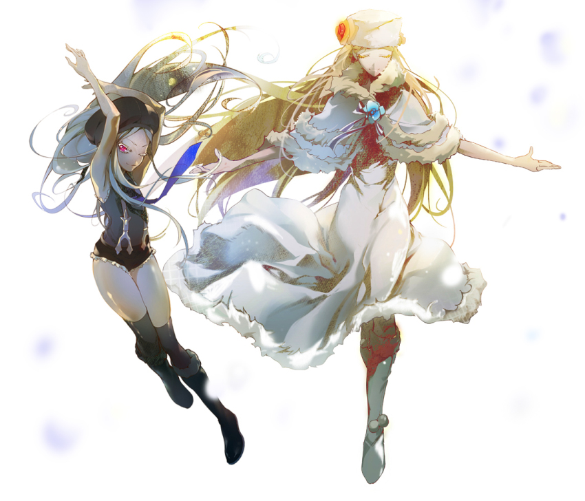 10s 2girls aoki_hagane_no_arpeggio bad_id bad_pixiv_id black_footwear boots dual_persona closed_eyes fur-trimmed_boots fur_trim hat knee_boots long_hair multiple_girls musashi_(aoki_hagane_no_arpeggio) naye necktie one_eye_closed red_eyes shorts suspenders thighhighs white_footwear white_hair