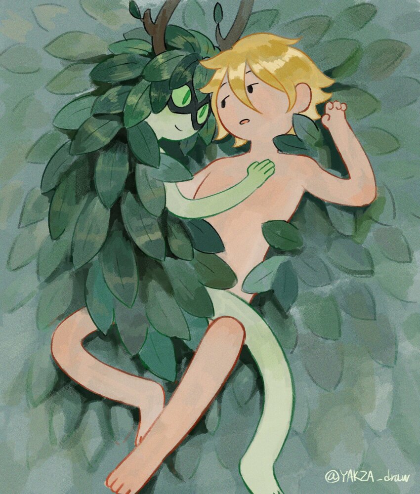 1boy 1girl absurdly_long_hair adventure_time blonde_hair colored_sclera colored_skin completely_nude couple eye_mask finn_the_human green_eyes green_sclera green_skin hair_branch hair_censor hand_on_another&#039;s_chest highres huntress_wizard long_hair looking_at_another mask nude open_mouth plant_hair very_long_hair yakza_draw