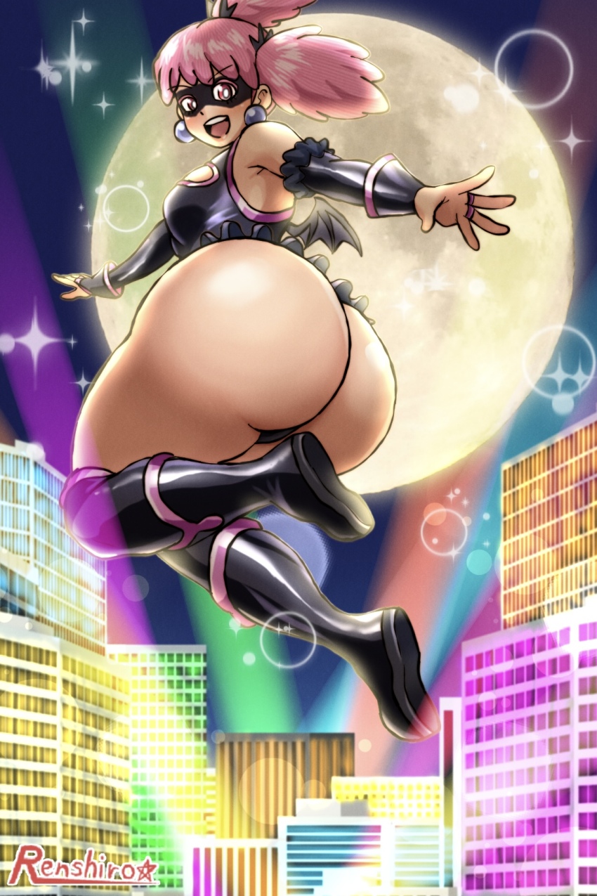 1girl ass bare_shoulders black_boots black_leotard boku_no_hero_academia boots breasts city curvy detached_sleeves from_behind full_body full_moon haneyama_kazuho highres huge_ass leotard looking_at_viewer looking_back medium_breasts moon night night_sky open_mouth outdoors pink_hair red_eyes sky smile solo thigh_boots tonshirou_(christar) twintails vigilante_-boku_no_hero_academia:_illegals-