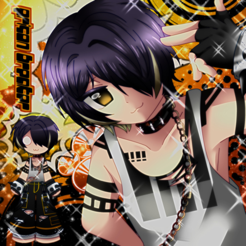 1boy 2000s_(style) :3 absurdres bad_anatomy black_collar chain chained chibi collar english_text ensemble_stars! finger_gun finger_gun_to_head fingerless_gloves frutiger_metro full_body ghoulpop_(artist) gloves highres multicolored_hair non-web_source o_o prison_breakers_(ensemble_stars!) purple_hair sengoku_shinobu sparkle spikes streaked_hair tattoo upper_body yellow_eyes