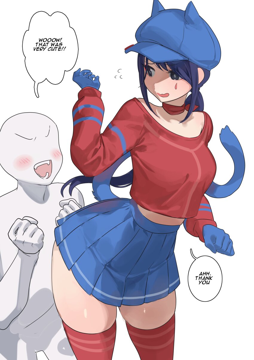 1girl 1other absurdres animal_ear_headwear animal_ears blue_gloves blue_hair blue_hat blue_skirt breasts newsboy_cap cat_tail choker cool_mita_(miside) fake_animal_ears gloves hat highres kemonomimi_mode long_hair long_sleeves miside mita_(miside) nia_(nia4294) pleated_skirt red_shirt red_thighhighs shirt simple_background skirt smile tail teardrop_facial_mark thighhighs white_background