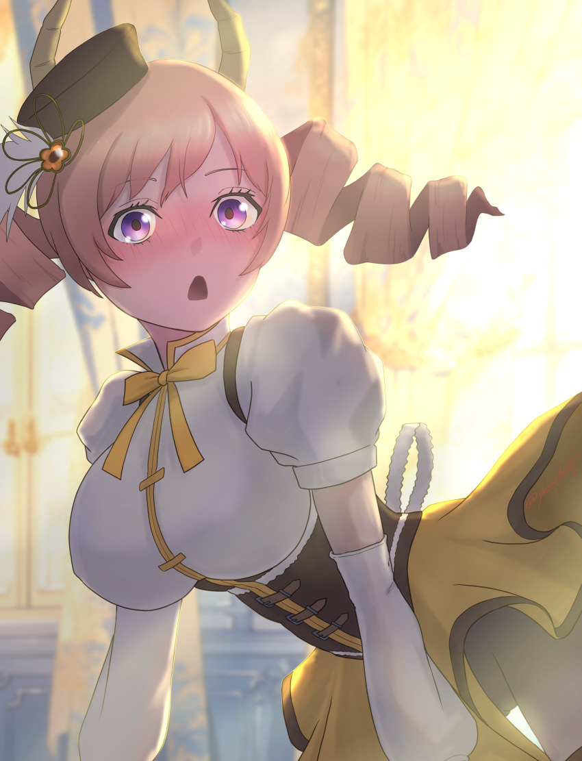 1girl absurdres alternate_hairstyle blonde_hair cosplay drill_hair highres horns linie_(sousou_no_frieren) looking_at_viewer mahou_shoujo_madoka_magica open_mouth skirt solo sousou_no_frieren tomoe_mami_(cosplay) yellow_skirt yukaplusjp