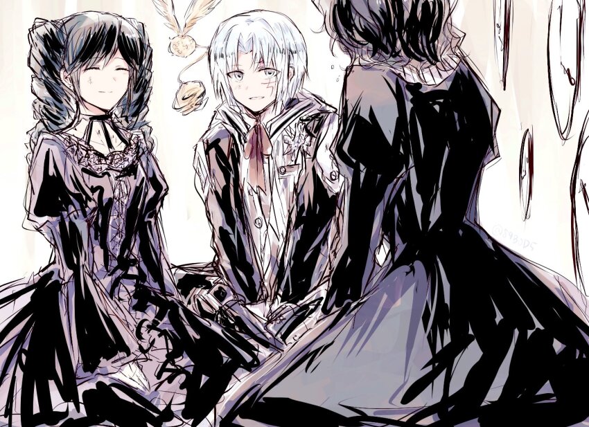 1boy 2girls abstract_background allen_walker black_coat black_dress black_hair black_order_uniform black_pants clock closed_eyes coat creature cross d.gray-man dress drill_hair earrings emblem facial_mark facing_another frilled_dress frills golem_(d.gray-man) grey_eyes hair_between_eyes hood hood_down hooded_coat horns jewelry juliet_sleeves lenalee_lee long_hair long_sleeves looking_at_another mature_female miranda_lotto multiple_girls neckerchief pants parted_lips puffy_sleeves red_neckerchief scar scar_across_eye scar_on_face short_hair sidelocks sitting smile sodamachi striped_coat stud_earrings tail timcanpy twin_drills twintails vertical-striped_coat white_hair wings