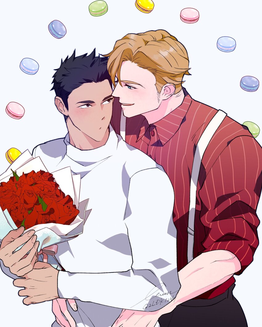 2boys ao_isami black_hair blonde_hair blue_eyes bouquet commentary_request facial_hair flower food highres holding holding_bouquet lewis_smith llld_(2ldk1241) macaron male_focus multiple_boys official_alternate_costume parted_lips red_flower red_rose red_shirt rose shirt short_hair sideburns_stubble signature striped_clothes striped_shirt stubble suspenders twitter_username vertical-striped_clothes vertical-striped_shirt yaoi yuuki_bakuhatsu_bang_bravern