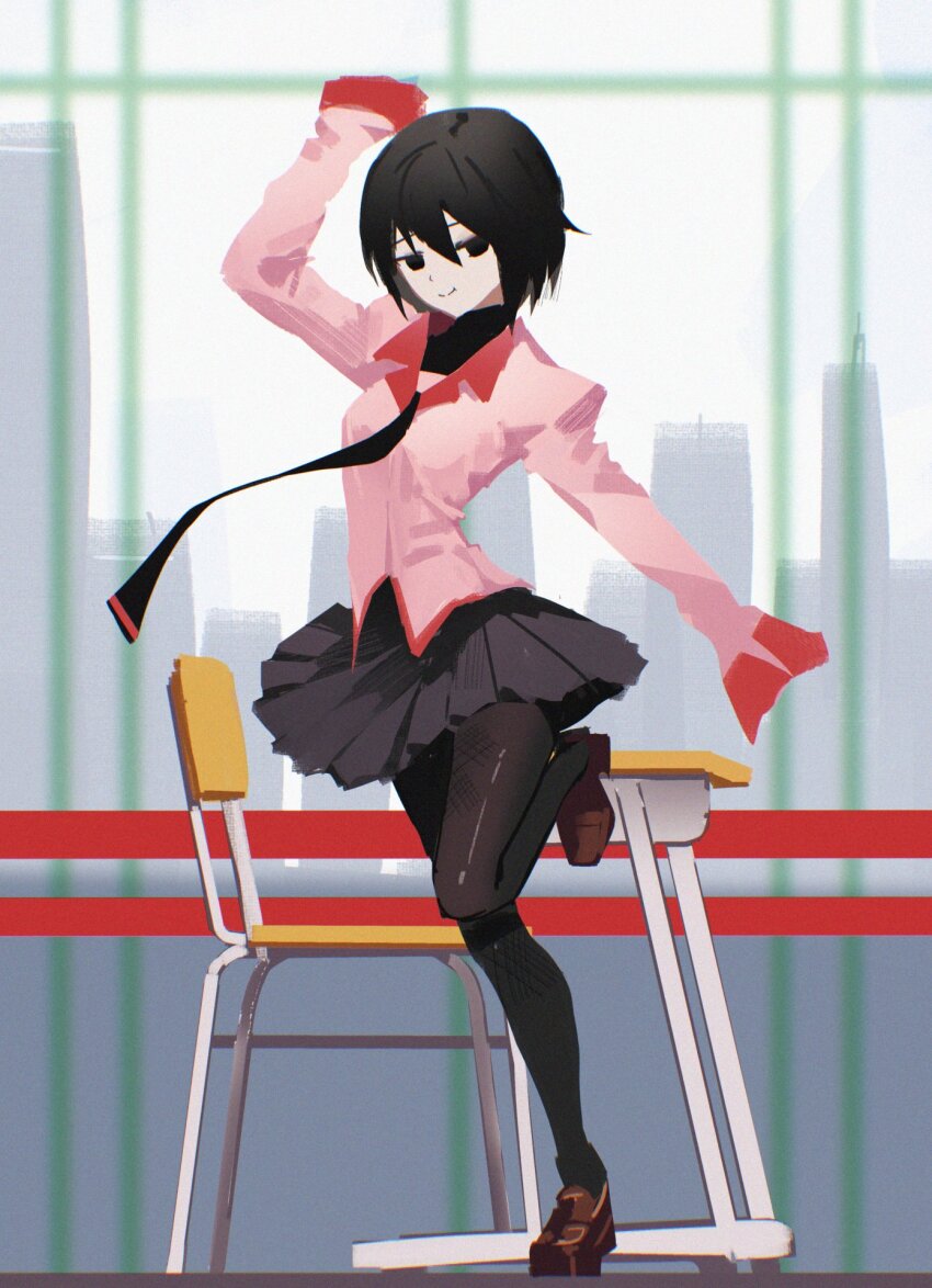 1girl :t arm_up black_eyes black_hair black_pantyhose black_skirt black_undershirt bob_cut breasts brown_shoes chair city cityscape classroom closed_mouth danraz0r day desk foot_up full_body hair_between_eyes hand_up highres jitome light_smile loafers monogatari_(series) naoetsu_high_school_uniform narrowed_eyes oshino_ougi pale_skin pantyhose pink_shirt pleated_skirt school_chair school_desk school_uniform shirt shoes short_hair skirt sky sleeves_past_fingers sleeves_past_wrists small_breasts smile smug solo standing standing_on_one_leg turtleneck very_long_sleeves white_sky window