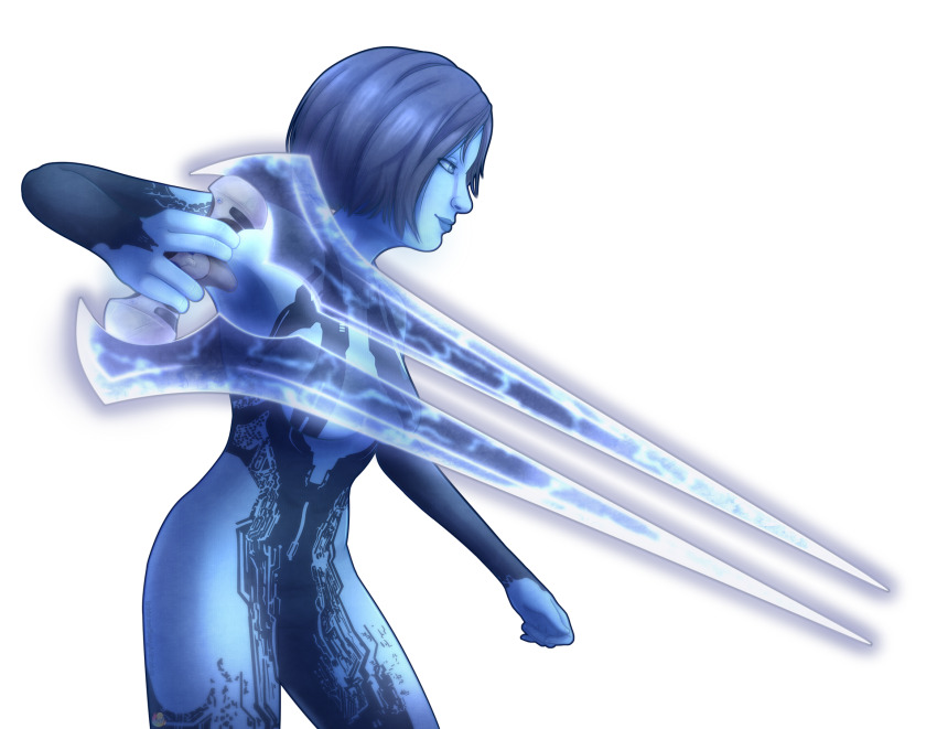 1girl blue_hair blue_skin colored_skin commentary cortana energy_sword english_commentary from_side halo_(series) halo_4 highres holding holding_sword holding_weapon simple_background slayersstronghold smile solo sword transparent_background type-1_energy_sword weapon