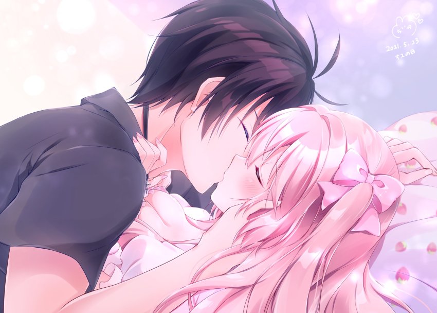 1boy 1girl breast_press breasts chiika_(cure_cherish) cleavage closed_eyes couple french_kiss hair_between_eyes hair_ornament hair_ribbon hetero highres kiss large_breasts long_hair lying on_back original panties pillow pink_panties pink_sleeves ribbon short_sleeves tia_(chiika_cure_cherish) twintails underwear