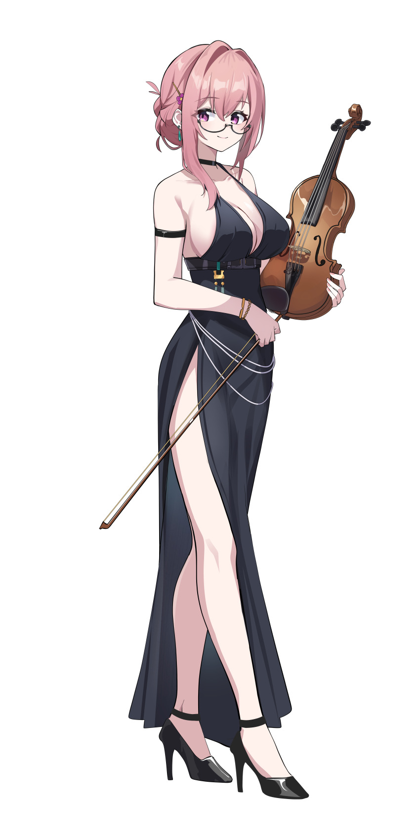 1girl absurdres alternate_costume bare_arms black_dress black_shoes bracelet breasts cleavage closed_mouth collarbone dress earrings full_body glasses hair_between_eyes high_heels highres inapple instrument jewelry large_breasts long_hair looking_at_viewer pink_eyes pink_hair shoes sidelocks simple_background smile solo standing tsukishiro_yanagi violin white_background zenless_zone_zero