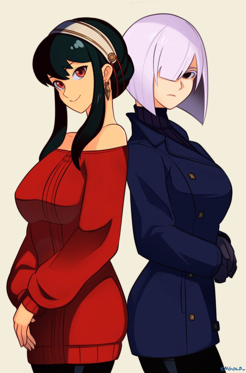 2girls absurdres artist_name back-to-back bare_shoulders black_gloves black_hair blue_coat blunt_bangs blunt_ends breasts closed_mouth coat commentary cowboy_shot earrings fiona_frost gloves hair_over_one_eye highres jewelry looking_at_viewer multiple_girls off-shoulder_sweater off_shoulder pantyhose purple_hair red_eyes red_sweater short_hair sidelocks simple_background smgold smile spy_x_family sweater yellow_background yor_briar