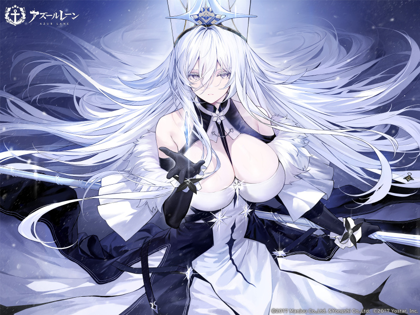 1girl absurdres an_yasuri azur_lane breasts capelet cleavage coat coat_dress dress fur-trimmed_coat fur_capelet fur_hat fur_trim hat highres ice_crystal long_bangs long_hair military_hat northern_parliament_(emblem) papakha solo sovetsky_soyuz_(azur_lane) white_coat white_eyes white_hair white_hat