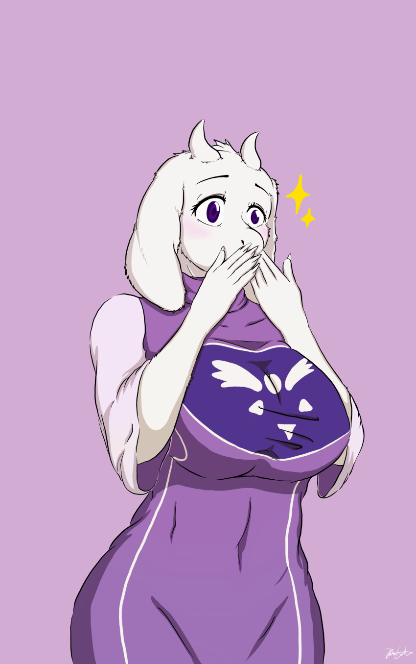 1girl 2020 absurdres animal_ears blush breasts covering_own_mouth curvy furry furry_female goat goat_horns highres horns large_breasts mature_female monster monster_girl pink_background pointy_ears purple_eyes rusal simple_background solo sparkle toriel undertale white_fur