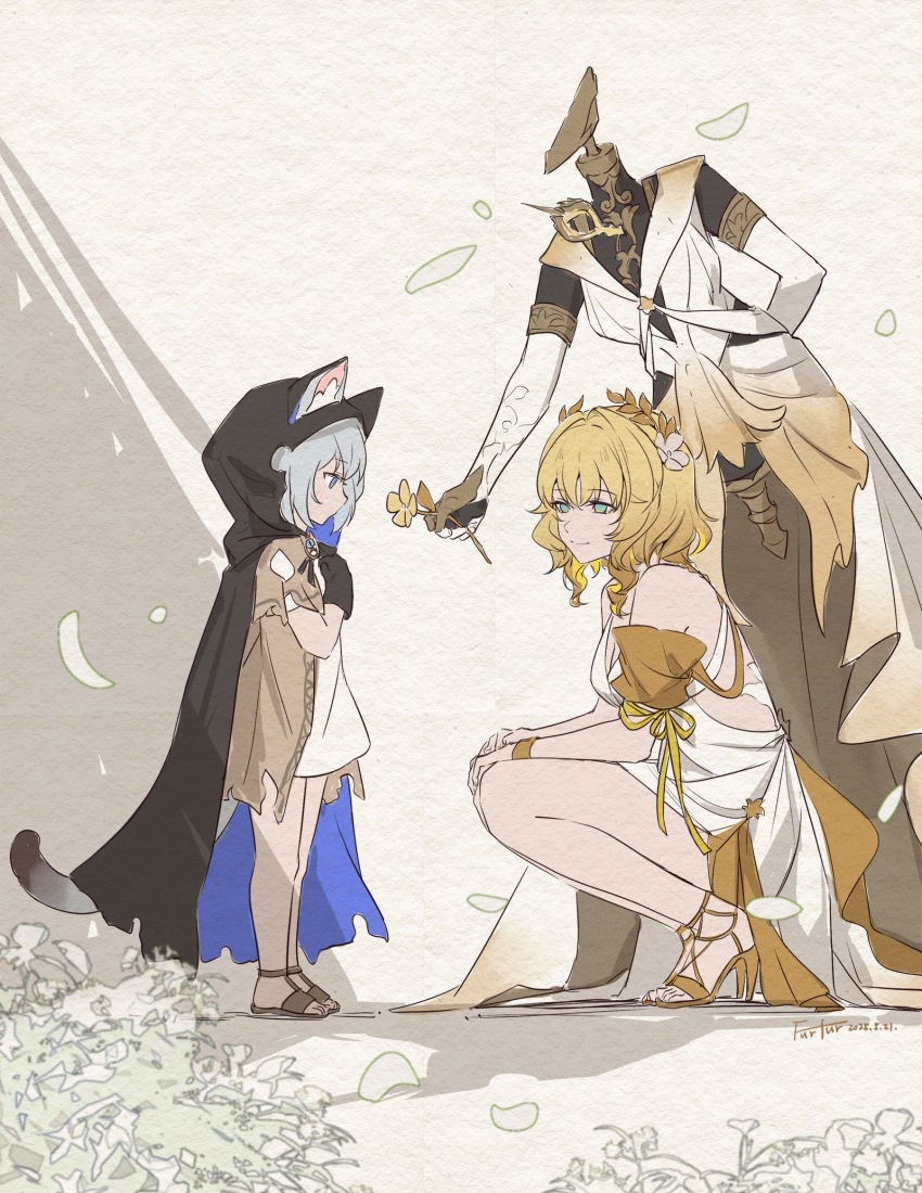 2girls aged_down aglaea_(honkai:_star_rail) ancient_greek_clothes animal_ear_fluff animal_ears animal_hood artist_name black_gloves blonde_hair blue_eyes breasts cat_ears cat_girl cat_hood cat_tail chinese_commentary cipher_(honkai:_star_rail) cipher_(in_pursuit_of_the_wind)_(honkai:_star_rail) cleavage commentary_request dated dress furfur_(tuanzimiao) garmentmaker_(honkai:_star_rail) giving_flower gloves greco-roman_clothes green_eyes grey_hair high_heel_sandals highres honkai:_star_rail honkai_(series) hood laurel_crown mannequin multiple_girls sandals short_hair smile squatting tail toes white_dress