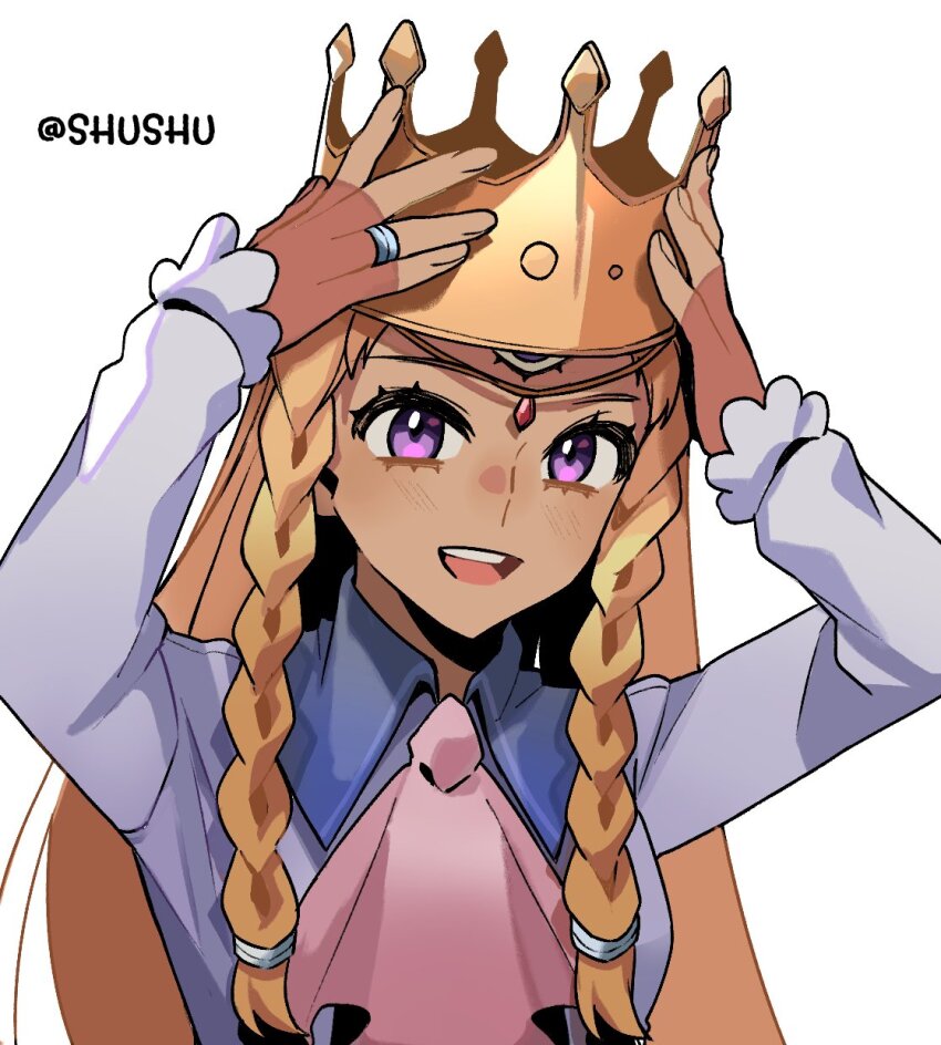 1girl alternate_costume ascot blonde_hair blush braid commentary crown dark-skinned_female dark_skin english_commentary eupha_(metaphor:_refantazio) fingernails highres jewelry long_hair looking_at_viewer metaphor:_refantazio open_mouth pink_ascot purple_eyes ring shirt shushu_(shushu74547072) simple_background smile solo teeth third_eye twin_braids upper_teeth_only white_background white_shirt