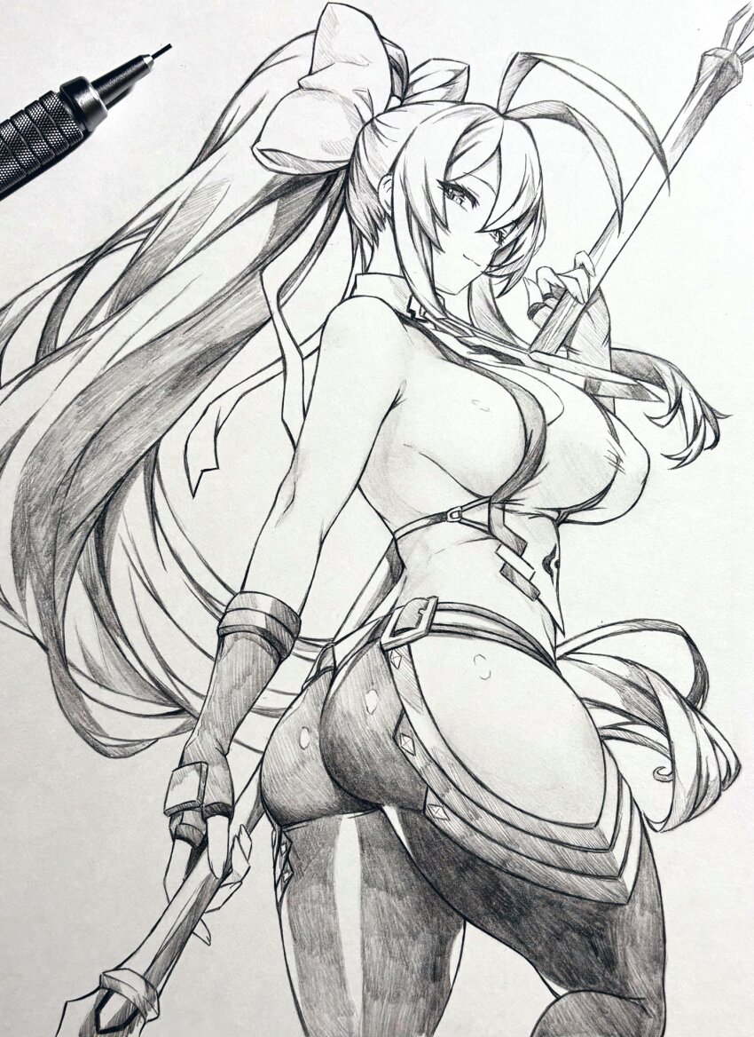1girl arc_system_works ass blazblue breasts covered_erect_nipples fingerless_gloves from_behind gloves hair_ribbon half-closed_eyes highres large_breasts legs long_hair looking_at_viewer looking_back mai_natsume monochrome pants polearm ponytail ribbon seductive_gaze seductive_smile seishun_dendeke sideboob smile solo spear thick_thighs thighs traditional_media weapon