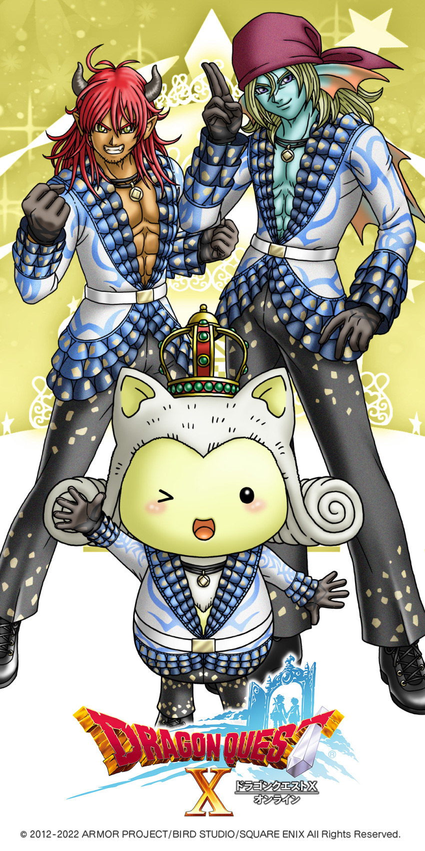 &gt;_o 3boys ;d abs animal_ears artist_request back_fin bandana black_footwear black_pants blonde_hair blue_skin brown_gloves clenched_hands colored_skin copyright_logo crown dark-skinned_male dark_skin demon_boy dragon_quest dragon_quest_x facial_hair fangs fins fish_boy gloves grey_horns grin head_fins highres horns hyuuza_(dq10) jewelry long_hair long_sleeves male_focus messy_hair multiple_boys muscular muscular_male necklace official_alternate_costume official_art official_wallpaper one_eye_closed open_mouth pants pectoral_cleavage pectorals pointy_ears prince_laguas purple_eyes red_bandana red_hair slit_pupils smile stubble tan third-party_source v-neck yellow_eyes yellow_skin yushuka_(dragon_quest)