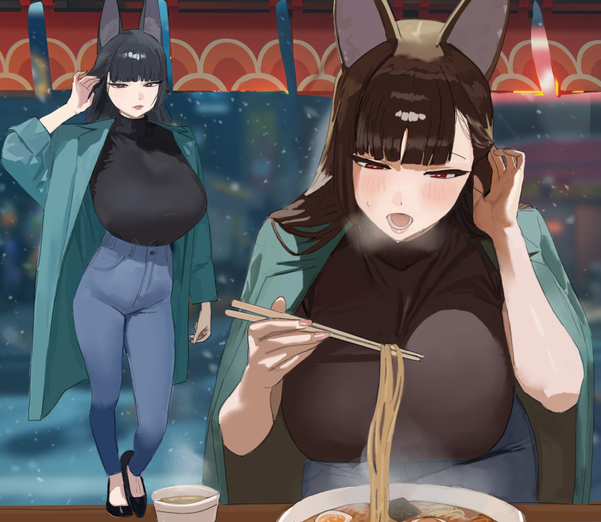 1girl alternate_costume animal_ear_fluff animal_ears black_footwear black_hair black_sweater blue_pants blunt_bangs blush bowl breasts chopsticks closed_mouth coat coat_on_shoulders commentary_request cup eating food fox_ears fox_girl green_coat high-waist_pants highres hintobento holding holding_chopsticks hoshimi_miyabi large_breasts leaning_forward long_hair multiple_views noodles open_clothes open_coat open_mouth pants ramen red_eyes sleeves_rolled_up softboiled_egg standing steam sweater sweater_tucked_in turtleneck turtleneck_sweater zenless_zone_zero