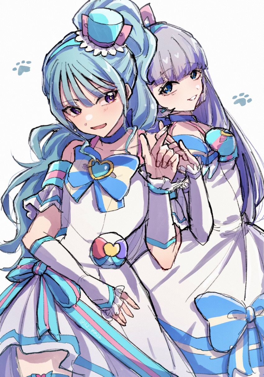 2girls aqua_hair asymmetrical_dress az_mmzk back-to-back bag_bow bare_shoulders blue_bow blue_bowtie blue_brooch blue_choker blue_eyes blue_hairband blue_hat blue_sleeves blunt_bangs bow bow_choker bow_legwear bowtie brooch choker clothing_cutout commentary_request cowboy_shot cure_lillian cure_nyammy dress dress_bow eyelashes fingernails frilled_arm_warmers frilled_sleeves frills grey_hair hair_bow hairband hand_on_own_stomach happy hat hat_bow heads_together heart heart_brooch high_side_ponytail highres jewelry light_blush long_hair magical_girl medium_dress mini_hat mini_top_hat multicolored_bow multiple_girls nekoyashiki_mayu nekoyashiki_yuki open_mouth paw_print pink_bow precure purple_eyes short_sleeves shoulder_cutout simple_background single_stripe smile standing straight_hair striped_bow striped_bowtie striped_clothes striped_sleeves teeth thighhighs top_hat tsurime very_long_hair waist_bag wavy_hair white_arm_warmers white_background white_bag white_dress wonderful_precure!