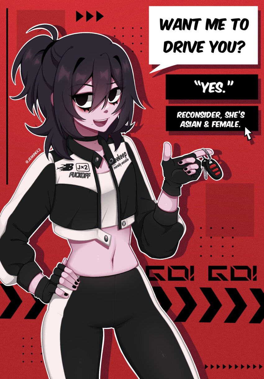 1girl artist_name black_choker black_eyes black_gloves black_hair black_jacket black_nails black_pants car_keys choker commentary cropped_jacket cropped_legs cursor english_commentary english_text eyeliner fingerless_gloves gloves hair_between_eyes hand_on_own_hip highres holding jacket jeminix2 looking_at_viewer makeup midriff mole navel open_mouth original pants ponytail red_background red_eyeliner smile solo teeth upper_teeth_only