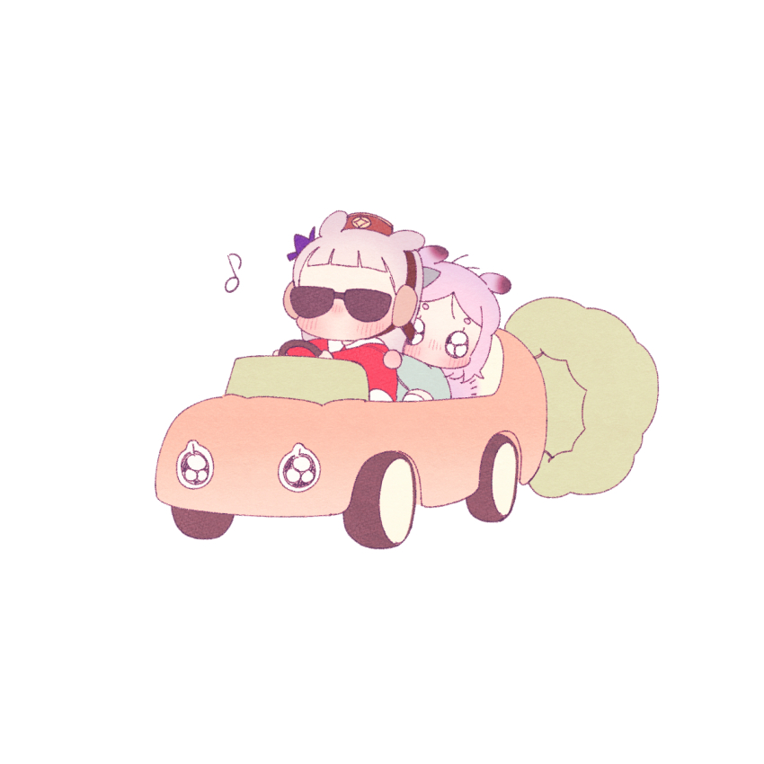 2girls animal_ears blush car chibi chibi_only driving ggubii0225 gold_ship_(umamusume) grey_hair highres horse_ears horse_girl horse_tail long_hair mejiro_mcqueen_(umamusume) motor_vehicle multiple_girls musical_note purple_hair short_hair simple_background steering_wheel sunglasses tail umamusume white_background