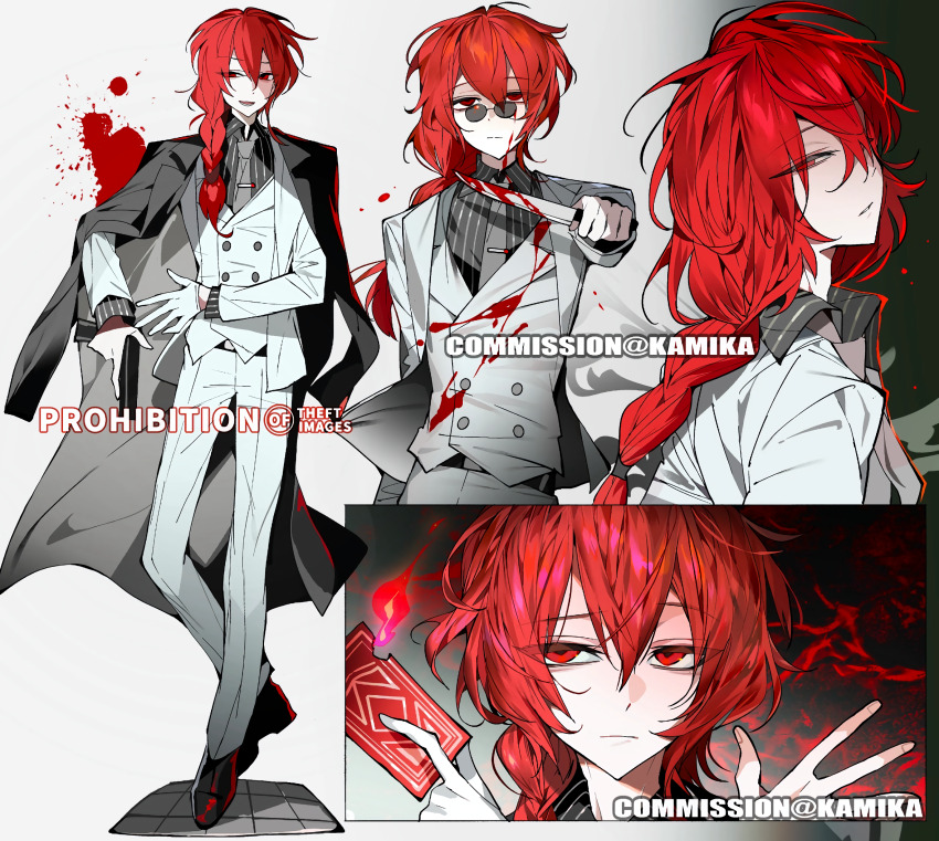 1boy black_boots black_coat black_necktie black_shirt blood blood_on_clothes blood_splatter bloody_weapon boots braid buttons card character_chart close-up coat coat_on_shoulders collage collared_shirt commission double-breasted dress_shoes fire formal_clothes from_side full_body gloves glowing glowing_card glowing_eyes grin half-closed_eyes highres holding holding_card holding_knife holding_weapon kamika knife long_bangs long_coat long_hair looking_at_viewer looking_down male_focus messy_hair multiple_views necktie original pants ponytail portrait profile red_eyes red_hair reference_sheet shirt sidelocks single_braid smile smirk solo standing striped_clothes striped_shirt suit sunglasses upper_body v vest waistcoat watermark weapon white_gloves white_pants white_suit