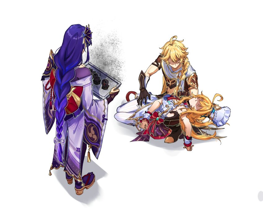 1boy 2girls aether_(genshin_impact) bad_food blonde_hair braid bridal_gauntlets burnt burnt_food chef_hat commentary_request cowlick escoffier_(genshin_impact) faceless faceless_female faceless_male from_above full_body genshin_impact gloves hair_ornament hat highres japanese_clothes kimono kneeling long_hair looking_at_another low-tied_long_hair lying multiple_girls partially_shaded_face purple_hair raiden_shogun simple_background smoke unconscious very_long_hair white_background wide_sleeves wrist_cuffs yuka_(pixiv38407039)