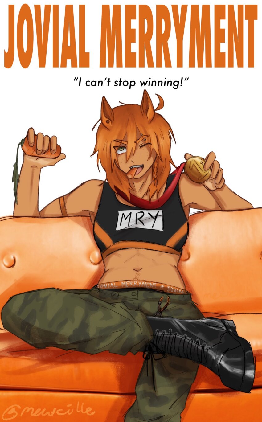 1girl ahoge animal_ear_piercing animal_ears black_boots body_hair boots camouflage camouflage_pants carrot crossed_legs dark-skinned_female dark_skin eating english_text eyebrow_piercing face_piercing food_in_mouth green_eyes highres holding holding_carrot holding_medal horse_ears horse_girl horse_race_tests jovial_merryment medal medium_hair navel one_eye_closed orange_hair pants piercing poster_(medium) shirt sitting sleeveless sleeveless_shirt solo