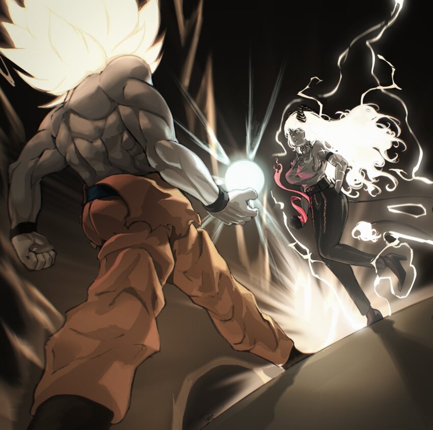 1boy 1girl absurdres arm_strap bare_shoulders black_choker black_gloves black_horns black_pants black_shoes black_tail blonde_hair breasts choker clenched_hand commentary curled_horns dragon_ball dragonball_z english_commentary faceoff gloves hand_in_pocket high_heels highres horns iunnederob jojo_no_kimyou_na_bouken large_breasts lightning long_hair meme muscular muscular_male oh?_you&#039;re_approaching_me?_(meme) orange_pants pants scene_reference shirt shoes son_goku spiked_hair super_saiyan tight_clothes tight_pants torn_clothes torn_shirt white_shirt wuthering_waves zani_(wuthering_waves)