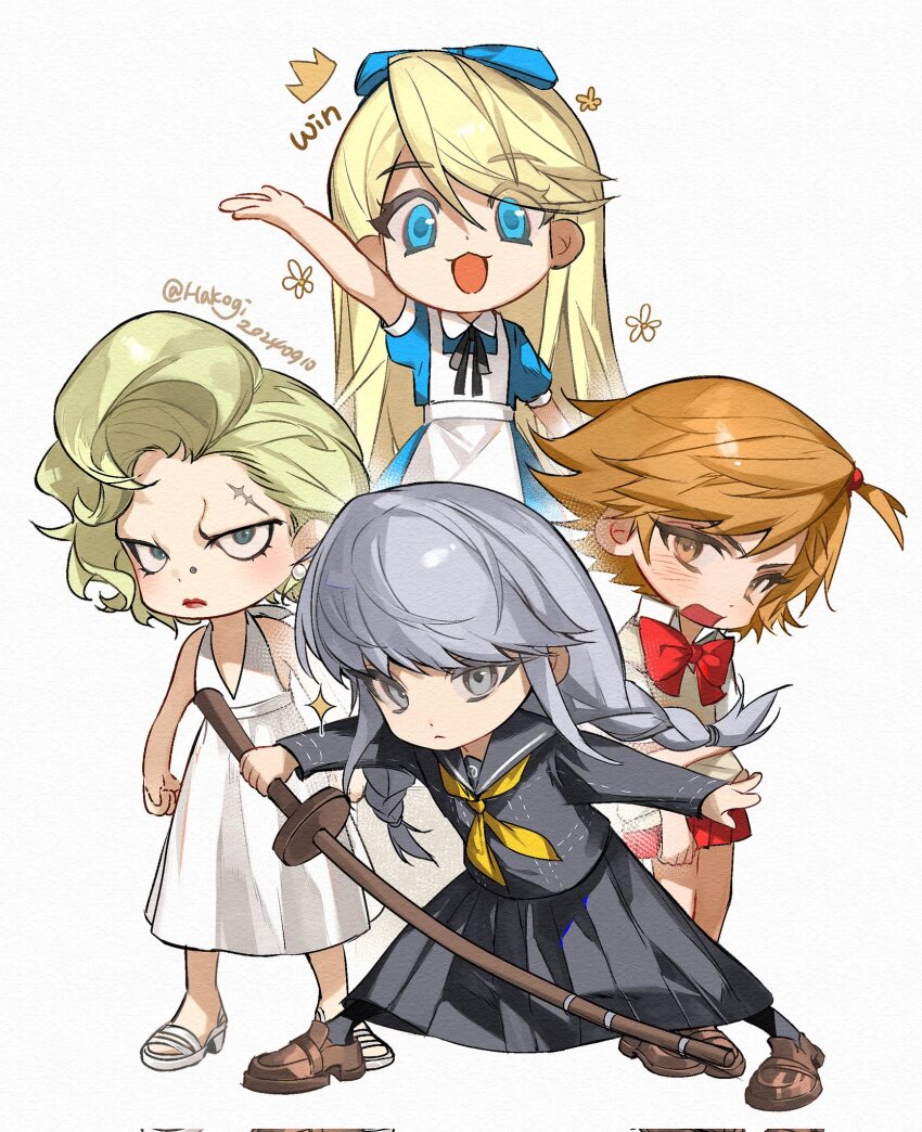 4boys apron black_skirt blonde_hair blue_dress blue_eyes bow bowtie braid brown_eyes brown_hair chibi closed_mouth corrupted_twitter_file crossdressing dress flower_symbol grey_eyes grey_hair hakogiiii hanamura_yousuke highres holding holding_weapon kuma_(persona_4) lipstick long_hair long_sleeves makeup male_focus multiple_boys narukami_yu open_mouth persona persona_4 piercing pleated_skirt red_bow red_bowtie red_skirt sailor_collar scar scar_on_face scar_on_forehead school_uniform serafuku simple_background skirt sleeveless sleeveless_dress standing sword tatsumi_kanji trap twin_braids twitter_username weapon white_dress wooden_sword yasogami_school_uniform