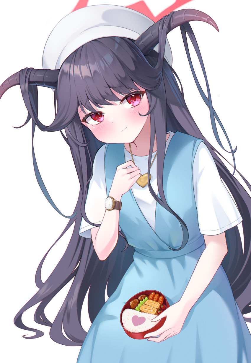 1girl :t absurdres bento beret black_hair blue_archive blue_dress blush closed_mouth commentary cowboy_shot demon_girl demon_horns dress furrowed_brow fuuka_(blue_archive) fuuka_(casual)_(blue_archive) hair_on_horn halo hand_up hat heart heart_pendant highres horns jewelry jitome long_hair looking_at_viewer official_alternate_costume official_alternate_hairstyle pendant red_halo shinori_(efvbji6264) shirt short_sleeves shy sidelocks simple_background sleeveless sleeveless_dress solo straight_hair very_long_hair watch white_background white_hat white_shirt wristwatch