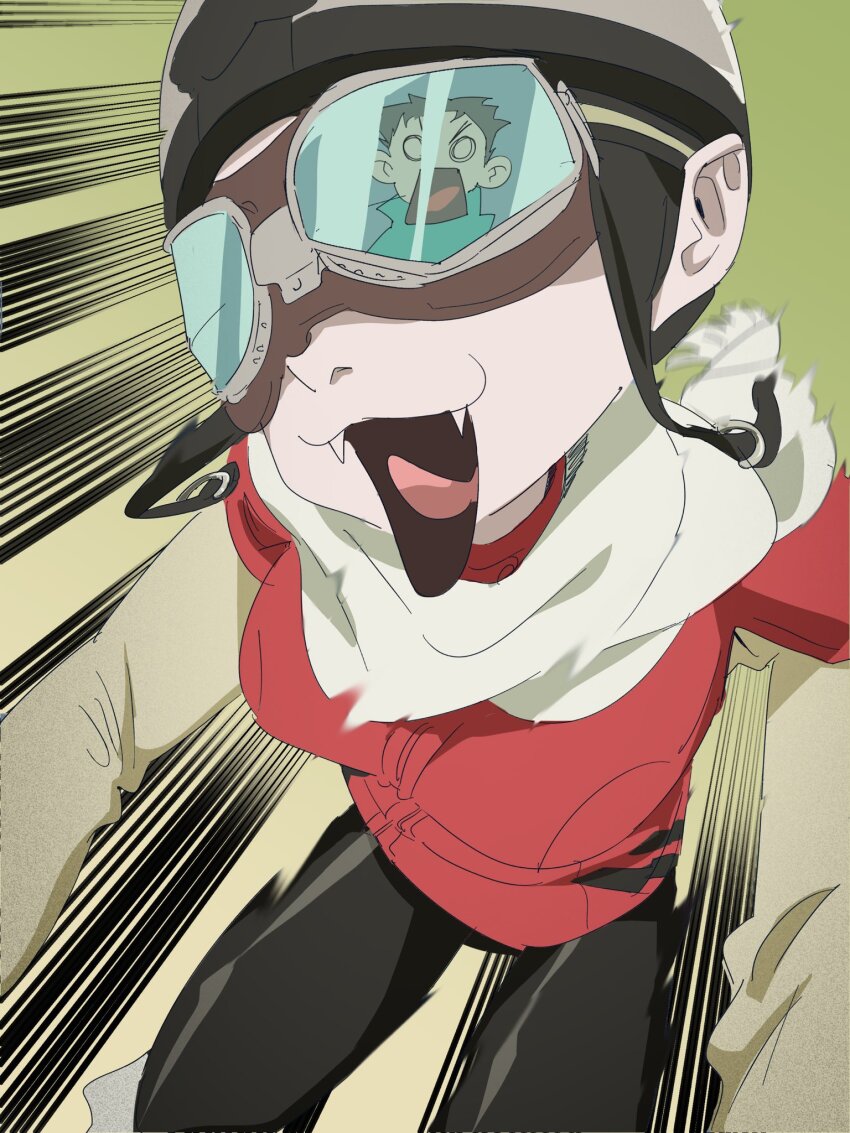 1boy 1girl black_pants breasts fangs flcl goggles haruhara_haruko helmet highres medium_breasts nandaba_naota open_mouth pants pink_punk_ponk reflection retro_artstyle tongue