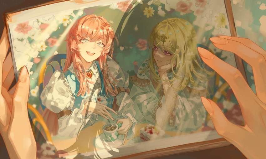 2girls absurdres artist_request bang_dream! bang_dream!_it&#039;s_mygo!!!!! blonde_hair blue_vest brooch cake center_frills chihaya_anon chinese_commentary closed_mouth commentary_request commission cup dress falling_petals food frills grey_eyes hair_between_eyes head_rest heart heart_brooch highres jewelry long_hair long_sleeves misumi_uika multiple_girls open_mouth petals photo_(object) pink_hair pov second-party_source stirring teeth upper_teeth_only vest white_dress