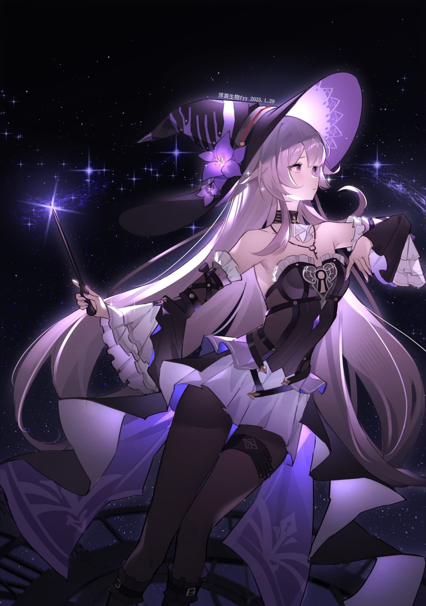 1girl absurdres bare_shoulders black_choker black_dress black_pantyhose choker detached_sleeves dress feet_out_of_frame floater_(floater80012059) grey_hair hat herta_(honkai:_star_rail) highres holding holding_wand honkai:_star_rail honkai_(series) long_sleeves pantyhose purple_eyes solo strapless strapless_dress the_herta_(honkai:_star_rail) wand witch_hat