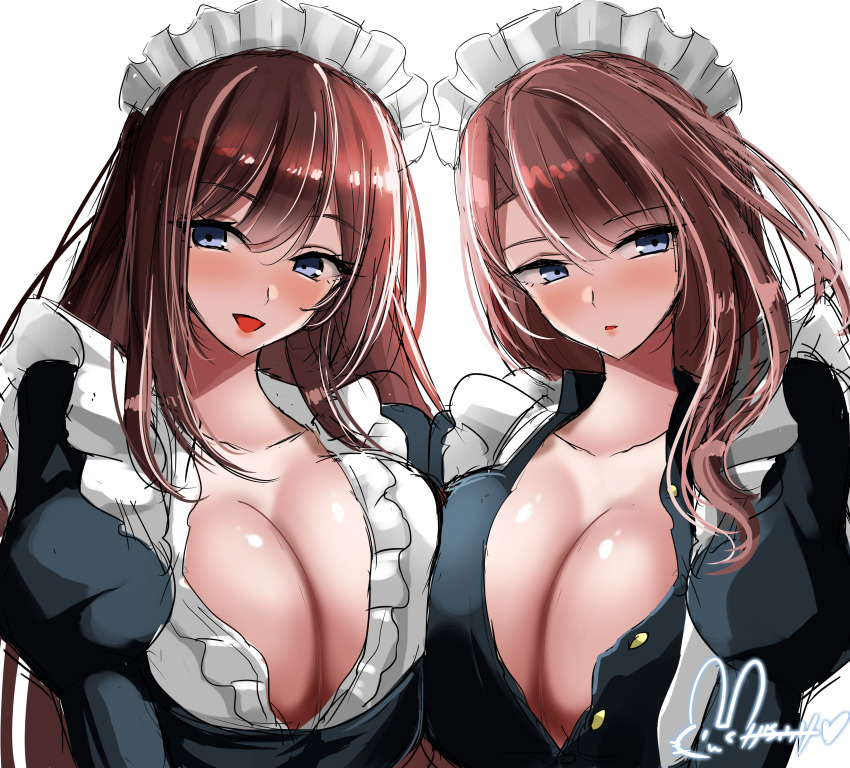 2girls absurdres azur_lane black_dress blue_eyes blush braid breast_press breasts brown_hair cleavage curacoa_(azur_lane) curlew_(azur_lane) dress frills hair_between_eyes highres hisin huge_breasts juliet_sleeves large_breasts long_hair long_sleeves looking_at_viewer maid maid_headdress multiple_girls open_clothes open_mouth open_shirt puffy_sleeves purple_hair signature single_braid smile symmetrical_docking taut_clothes taut_dress upper_body