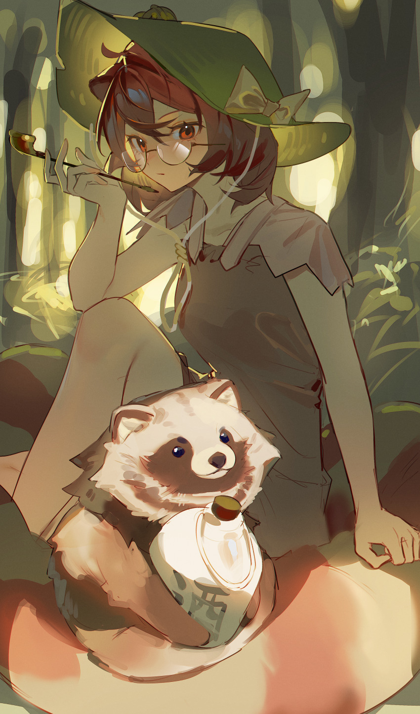 1girl absurdres animal bow brown_hair closed_mouth ender_xiaohai futatsuiwa_mamizou glasses green_hat hat hat_bow highres looking_at_viewer raccoon red_eyes solo touhou