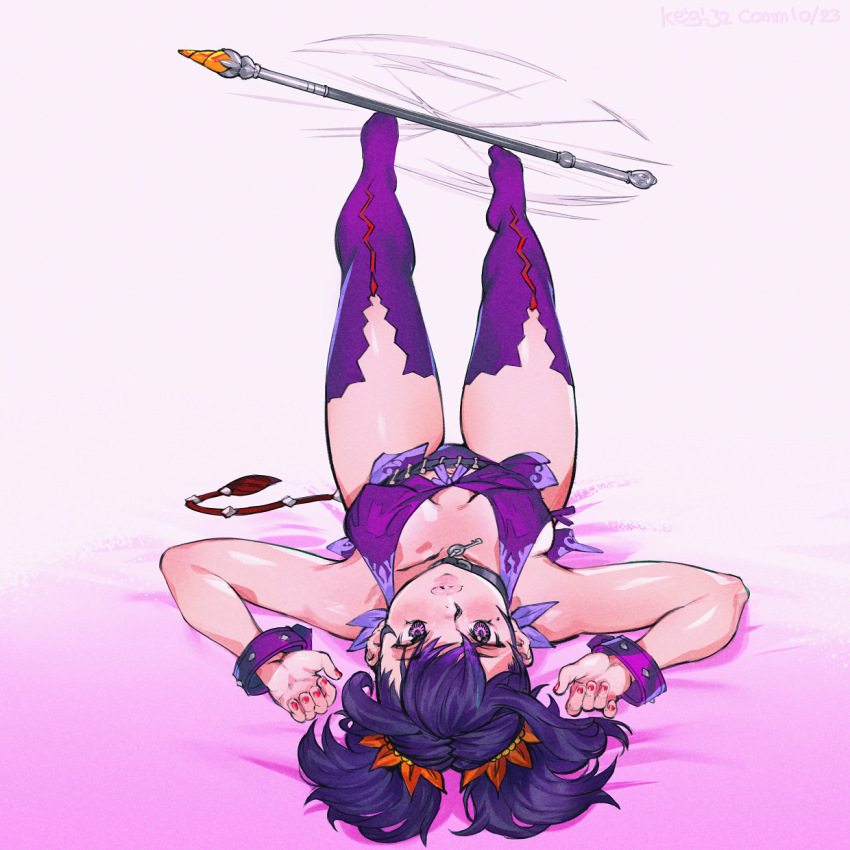 1girl baton_(weapon) belt black_choker breasts choker commission flower hair_flower hair_ornament highres jewelry keigi lips looking_at_viewer lying medium_breasts mole mole_under_eye nail_polish on_back on_bed purple_background purple_eyes purple_hair red_nails revealing_clothes sideless_outfit signature solo spinning_weapon symonne_(tales) tales_of_(series) tales_of_zestiria thighhighs twintails weapon