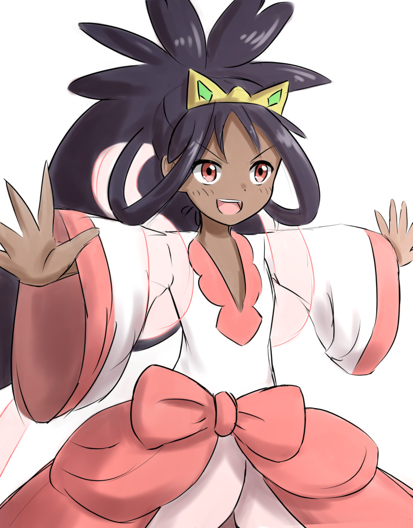 1girl ahoge big_hair black_hair child dark-skinned_female dark_skin determined dress female_focus flat_chest highres iris_(pokemon) long_dress long_hair long_sleeves looking_at_viewer looking_to_the_side low-tied_long_hair neck nintendo official_alternate_costume official_alternate_hairstyle open_clothes open_hand open_mouth open_skirt outstretched_arms pink_dress pokemon pokemon_bw2 ponytail red_eyes sidelocks_tied_back simple_background skirt standing tiara v-neck v-shaped_eyebrows very_long_hair white_background wide_sleeves
