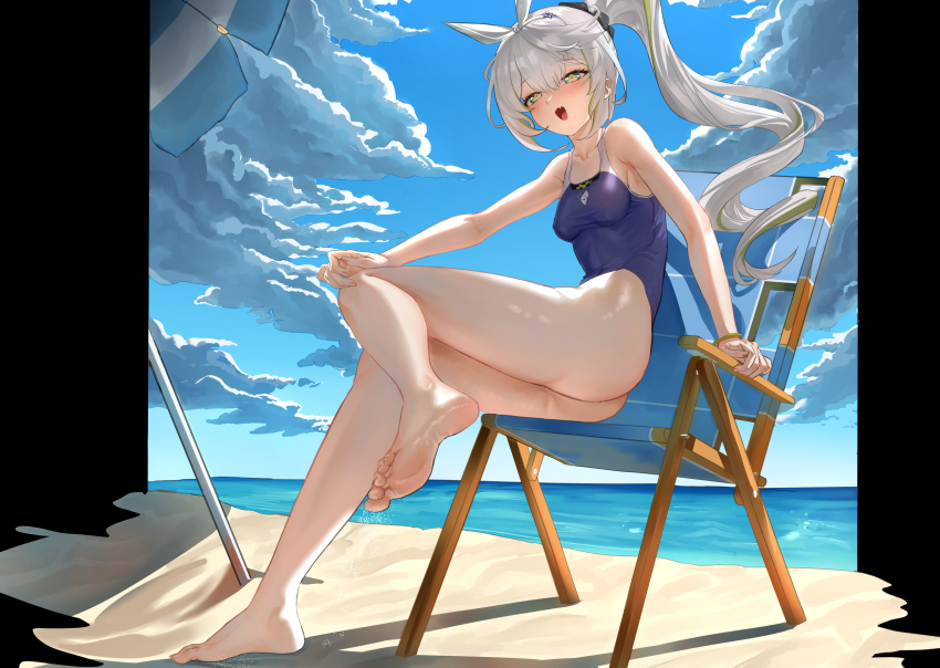 1girl absurdres ass bare_legs barefoot beach beach_chair blue_one-piece_swimsuit blue_sky blush breasts cloud cloudy_sky commentary day fang full_body girls&#039;_frontline girls&#039;_frontline_2:_exilium green_hair green_streaks grey_hair hair_between_eyes haoma highres medium_breasts ocean official_alternate_costume on_chair one-piece_swimsuit open_mouth outdoors sharkry_(girls&#039;_frontline_2) sharkry_(swimsuit_idol)_(girls&#039;_frontline_2) side_ponytail sitting skin_fang sky smile solo swimsuit toes