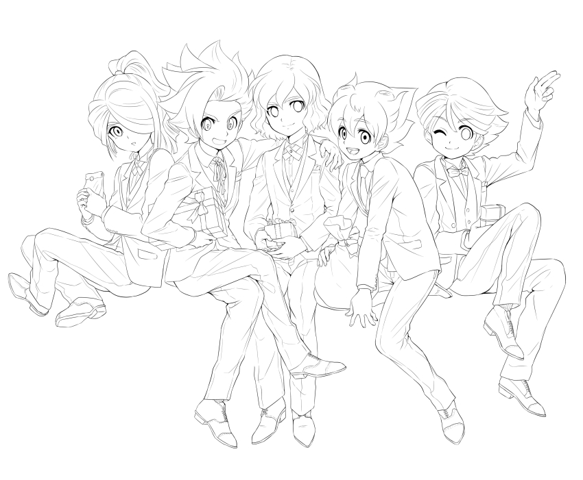 10s 5boys absurdres bad_id bad_pixiv_id crossover formal_clothes gift greyscale hair_over_one_eye highres ichinose_kazuya inazuma_eleven inazuma_eleven_(series) inazuma_eleven_go inazuma_eleven_go_galaxy kazemaru_ichirouta lineart long_hair looking_at_viewer male_focus matatagi_hayato matsukaze_tenma matsumoto_achi monochrome multiple_boys necktie one_eye_closed open_mouth ponytail shindou_takuto short_hair simple_background sitting smile suit time_paradox white_background
