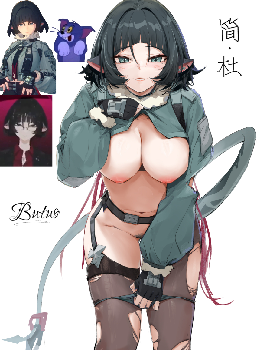 1girl absurdres animal_ears artist_name black_gloves breasts brown_thighhighs butuo_(butuo13) colored_pubic_hair commentary_request crop_top cropped_jacket female_pubic_hair fingerless_gloves gloves green_eyes green_hair green_pubic_hair high-waist_shorts highres jacket jane_doe_(zenless_zone_zero) large_breasts long_hair looking_at_viewer mouse_ears mouse_girl multicolored_hair navel photo_inset pubic_hair red_hair short_hair shorts simple_background smile solo standing thighhighs thighs tom_(tom_and_jerry) tom_and_jerry torn_clothes torn_thighhighs very_long_hair white_background zenless_zone_zero