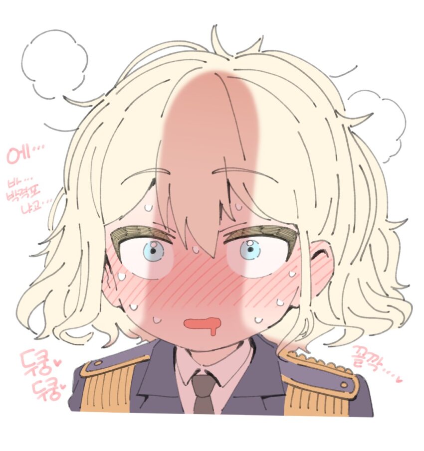 2boys androgynous awestruck black_necktie blonde_hair blue_eyes blush constricted_pupils drooling erection fluffy_hair from_above full-face_blush korean_text looking_at_viewer medium_hair military_uniform multiple_boys necktie original penis penis_awe penis_on_face penis_shadow saliva shirt short_hair silhouette simple_background steam steaming_body surprised sweat trap white_shirt wide-eyed wootsang