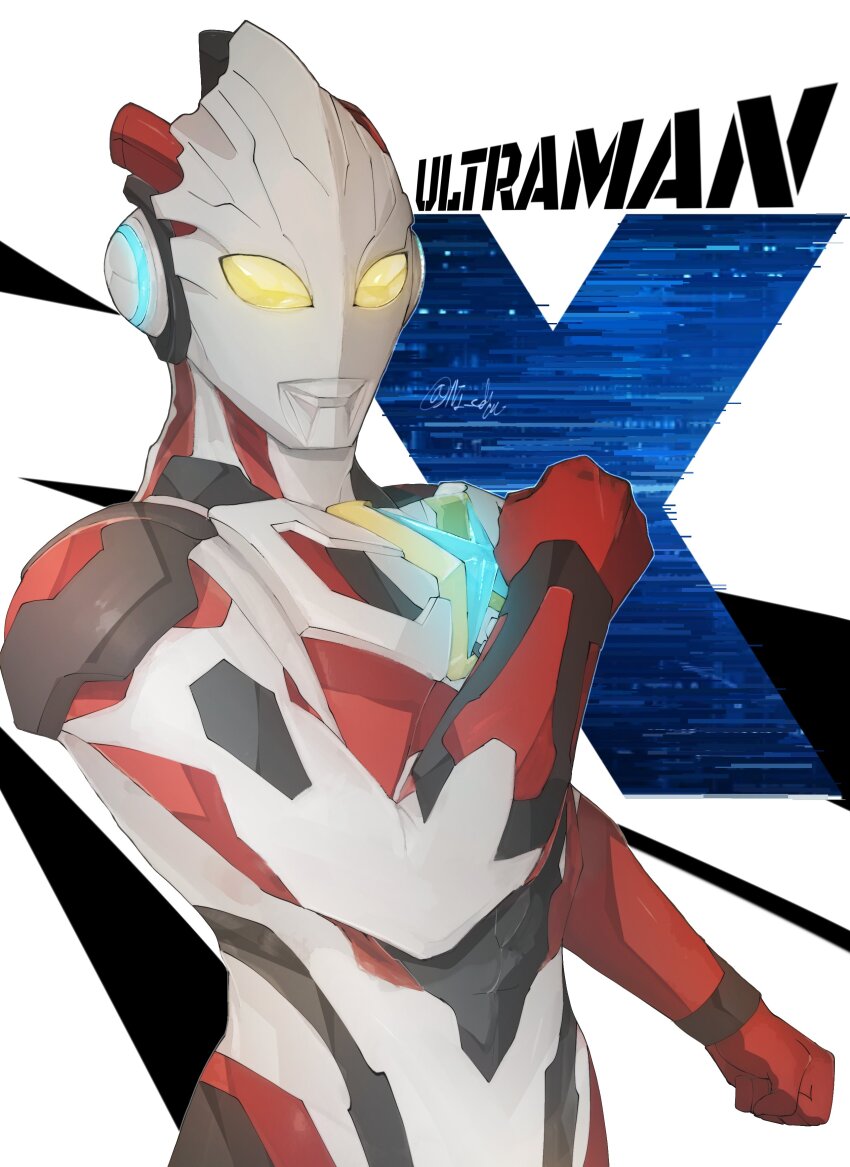 1boy absurdres alien armor bodysuit breastplate character_name clenched_hands commentary_request glowing highres looking_at_viewer male_focus ni_celery_pk red_armor red_bodysuit signature twitter_username two-tone_bodysuit ultra_series ultraman_x ultraman_x_(series) vambraces white_bodysuit yellow_eyes