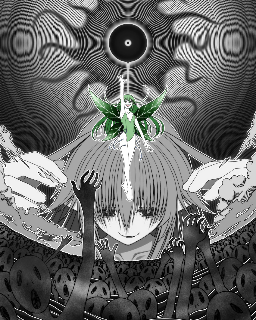 1girl black_souls breasts commentary_request dark_background despair evil_smile fairy green_hair green_leotard green_wings greyscale hand_up highres leaf_(black_souls) leotard long_hair monochrome multiple_others open_mouth partially_colored reaching small_breasts smile wings zanmu_no_sora