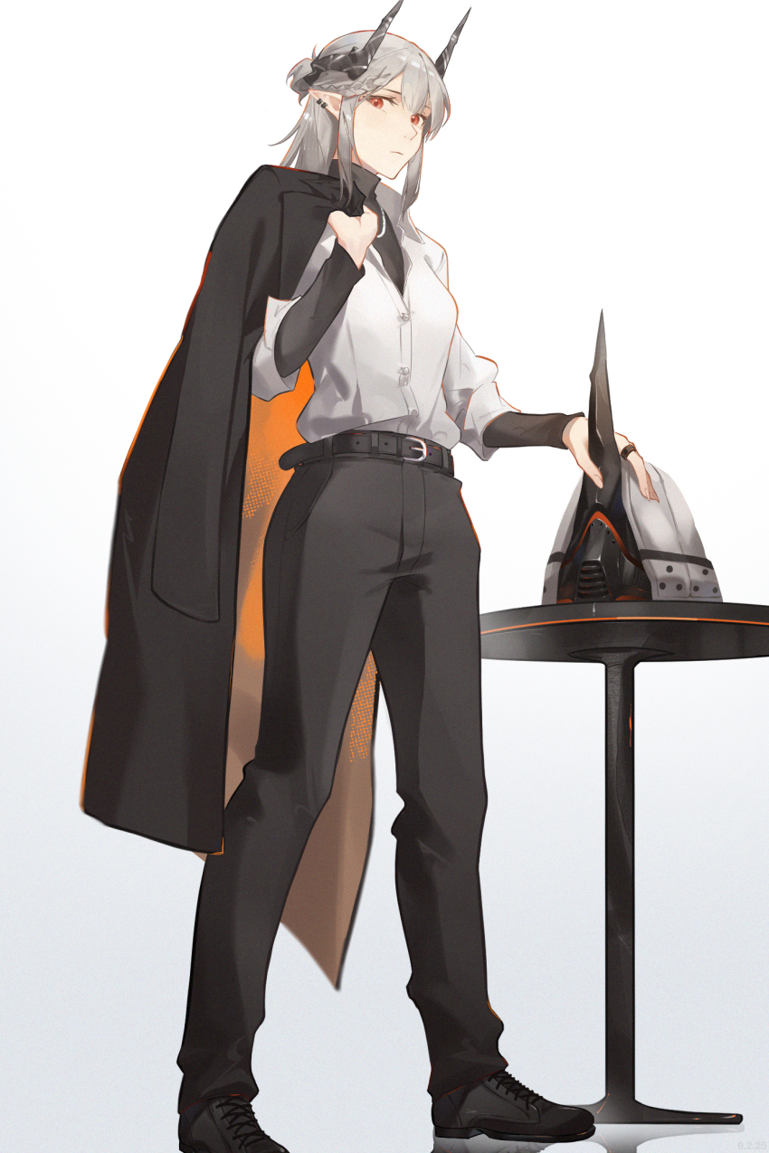1girl arknights belt belt_buckle black_belt black_coat black_horns black_pants black_shoes black_sweater braid buckle buttons closed_mouth coat collared_shirt commentary ear_piercing english_commentary fingernails full_body gradient_background grey_background grey_hair haaahoi helmet highres holding holding_coat holding_unworn_clothes horns jacket jacket_on_shoulders jewelry long_sleeves looking_at_viewer medium_hair mudrock_(arknights) necklace orange_coat pants partially_unbuttoned piercing pointy_ears red_eyes ring round_table shirt shoes sidelocks sleeves_rolled_up solo standing sweater table turtleneck turtleneck_sweater two-sided_coat two-sided_fabric unworn_coat unworn_headwear unworn_helmet white_background white_shirt