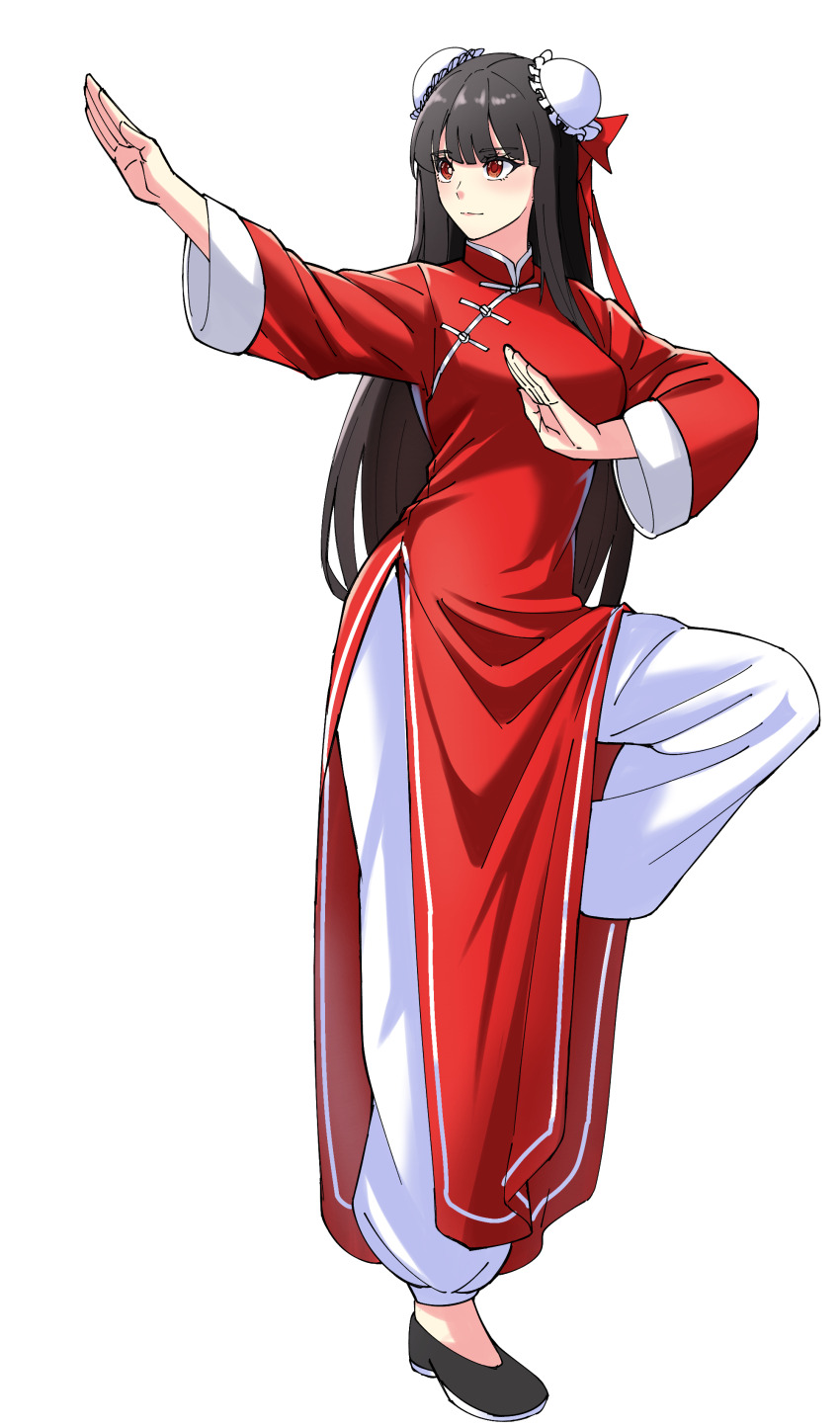 1girl absurdres black_hair changpao china_dress chinese_clothes double_bun dress fighting fighting_stance hair_bun highres kokoro_no_koibito kung_fu long_hair long_sleeves mandarin_collar martial_arts monk original red_dress red_eyes self-upload shaolin_monk solo tangzhuang training