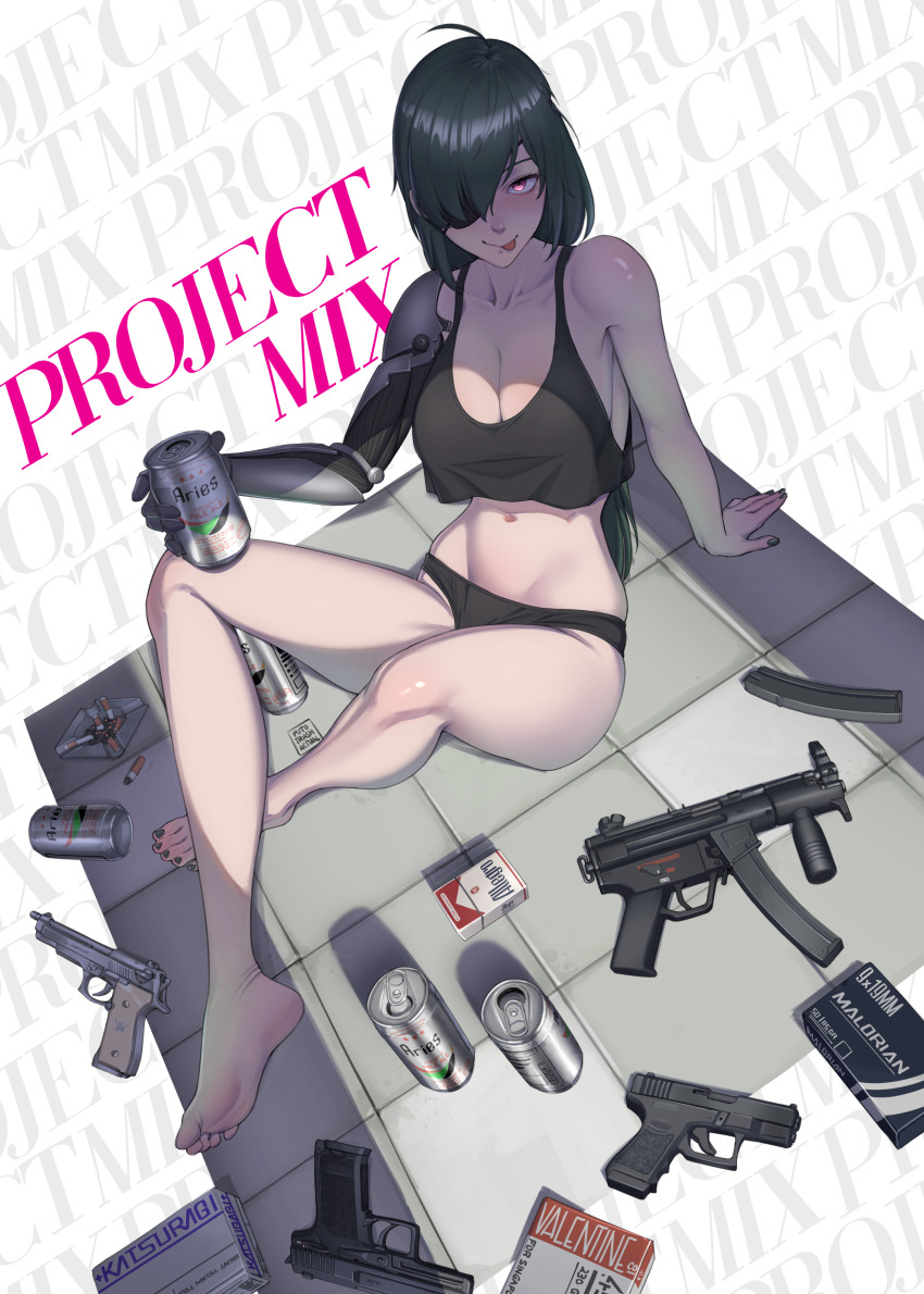 1girl absurdres alcohol bare_legs barefoot beer beer_can black_bra black_panties blush bra breasts can drink_can drunk feet gun handgun highres large_breasts looking_at_viewer mature_female original panties puto_trash sitting smile soles thighs toes tongue tongue_out underwear underwear_only weapon