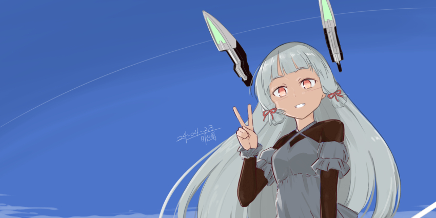 1girl black_shirt blue_sky bob_cut dated detached_sleeves dress floating_headgear grey_dress grey_hair grey_sleeves grin hair_ribbon headgear highres hikashima_(shiofune) kantai_collection long_hair long_sleeves looking_at_viewer murakumo_(kancolle) orange_eyes puffy_sleeves ribbon scrunchie shirt short_sleeves sidelocks signature sky smile tress_ribbon v wrist_scrunchie